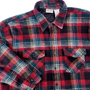Field & Stream Plaid Flannel Shirt Jacket Mens XL Red Quilted Lining USA Vintage